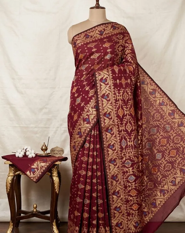 Maroon and Gold Tasar Jamdani Saree Premium Traditional