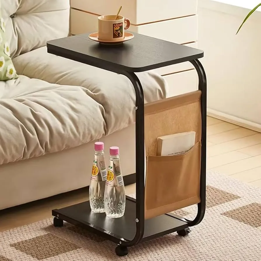 Moveable Side Table with Storage Pocket & Wheels