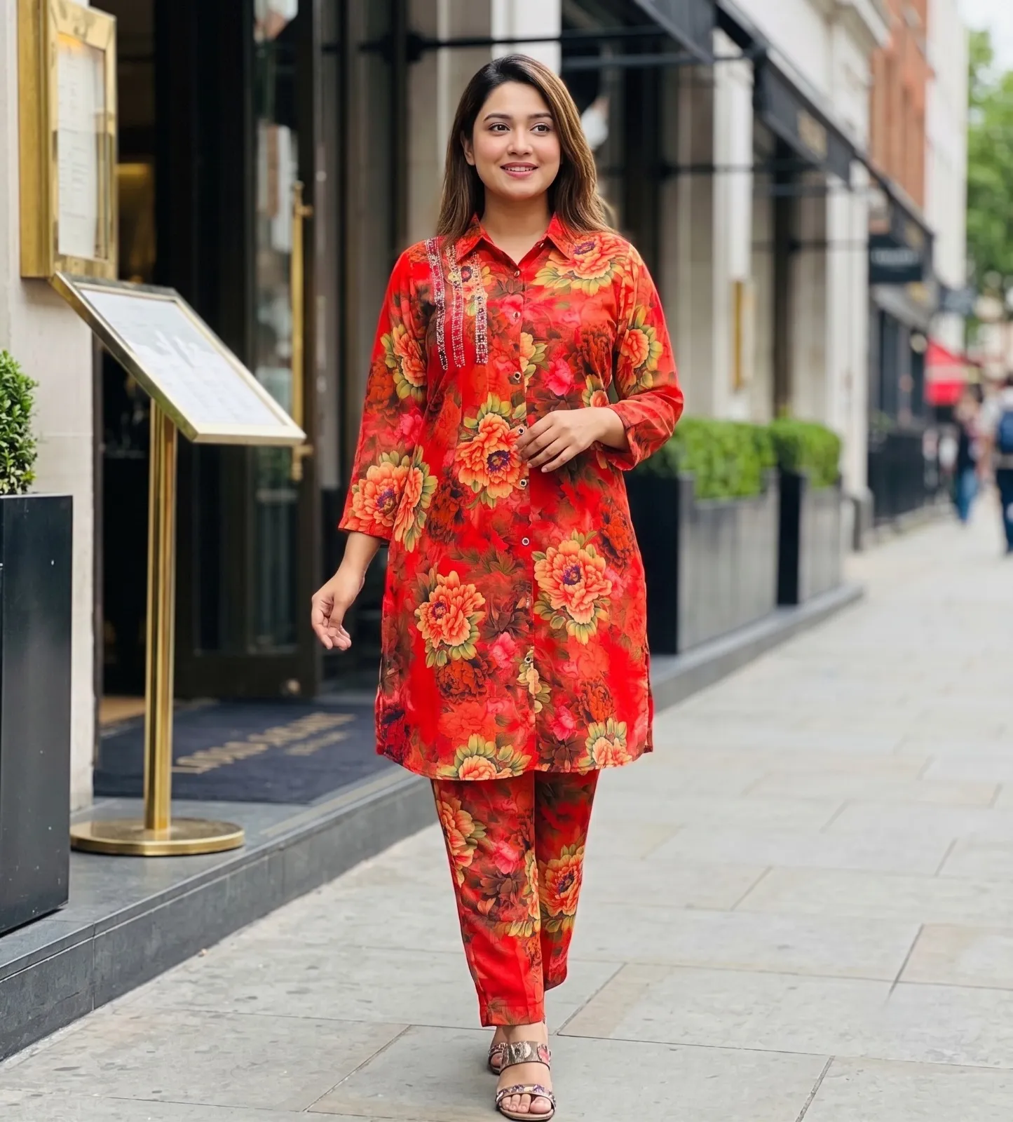 Bansari Turquoise Abstract Floral Printed Long Shirt Set