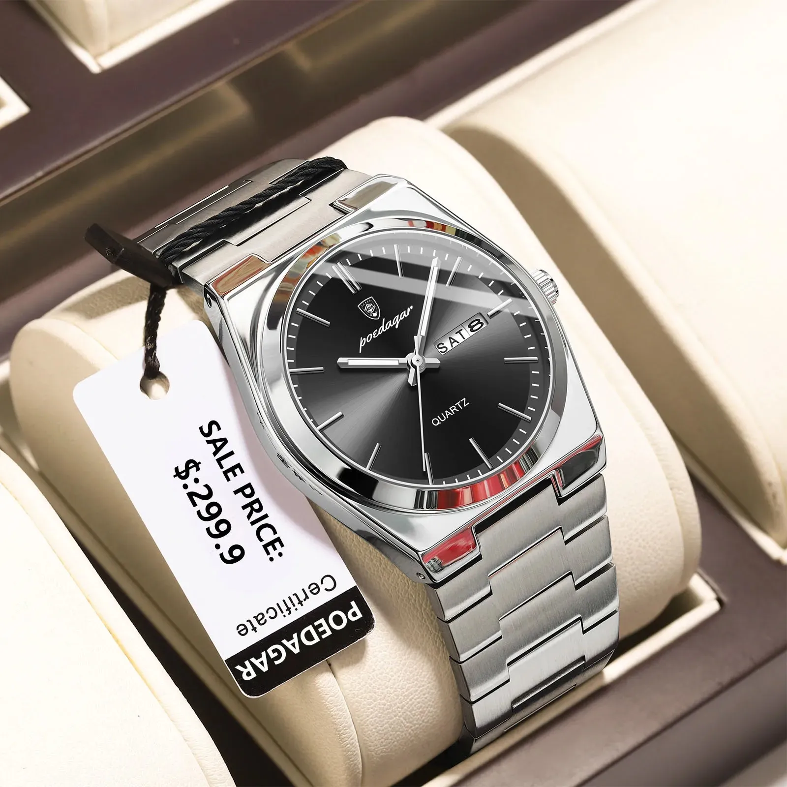 POEDAGAR 930 Men's New Luxury Luminous Date Week Stainless Steel Quartz Watch For Men (Butterfly Lock)