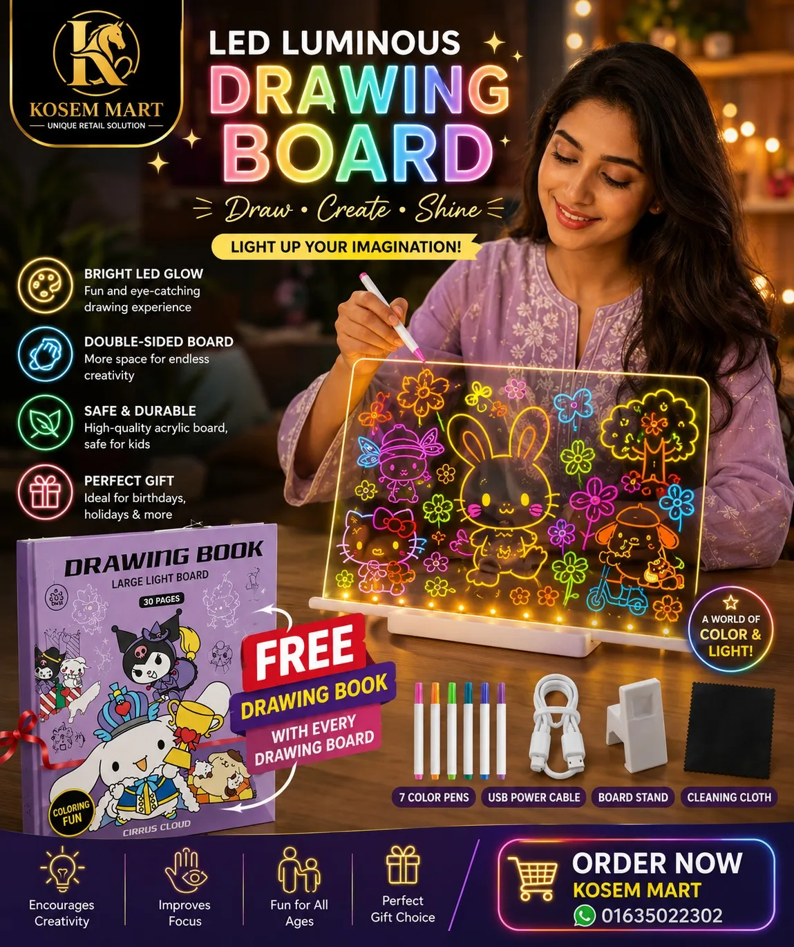 Led luminous drawing board with free book
