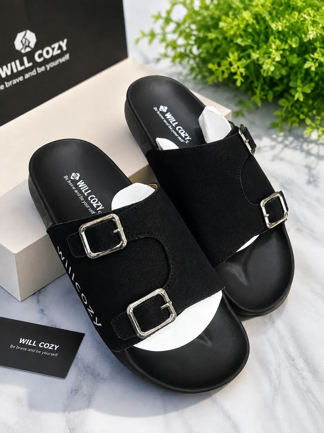 Will Cozy Classic Double Buckle Slide Sandal – Black