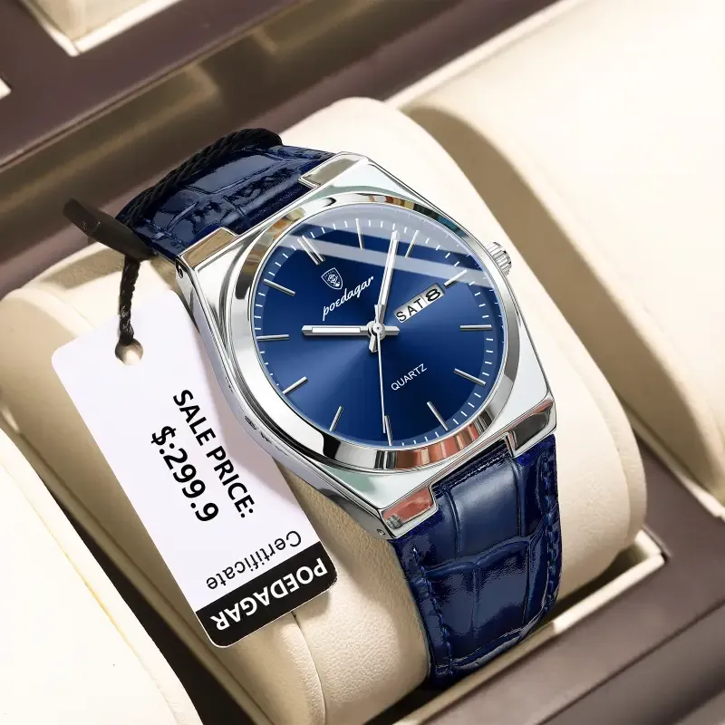 POEDAGAR 930 Luxury Watch for Men Leather Man Wristwatch Quartz Clock Waterproof Luminous Date Week Men’s Watches Reloj+box