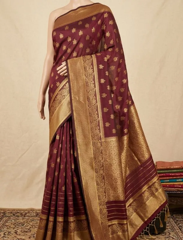 Maroon and Gold Tasar Jamdani Saree Premium Traditional