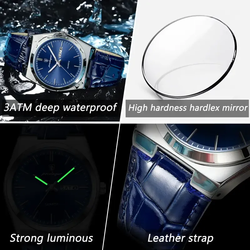 POEDAGAR 930 Luxury Watch for Men Leather Man Wristwatch Quartz Clock Waterproof Luminous Date Week Men’s Watches Reloj+box