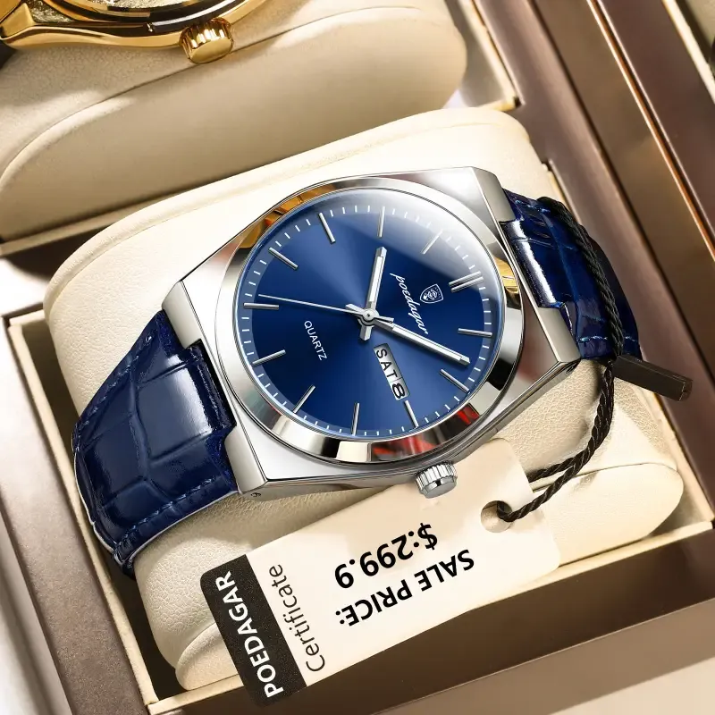 POEDAGAR 930 Luxury Watch for Men Leather Man Wristwatch Quartz Clock Waterproof Luminous Date Week Men’s Watches Reloj+box
