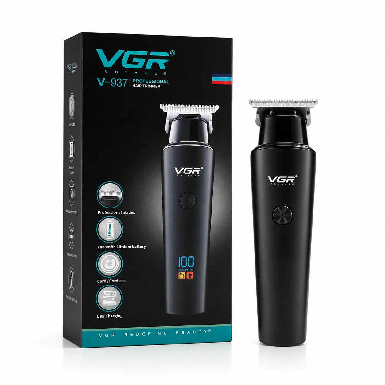 VGR V-937 Professional Cordless Hair & Beard Trimmer for Men – LCD Display, 500 Min Runtime, 2000mAh Battery, Zero Gap Stainless Steel Blade (Black)