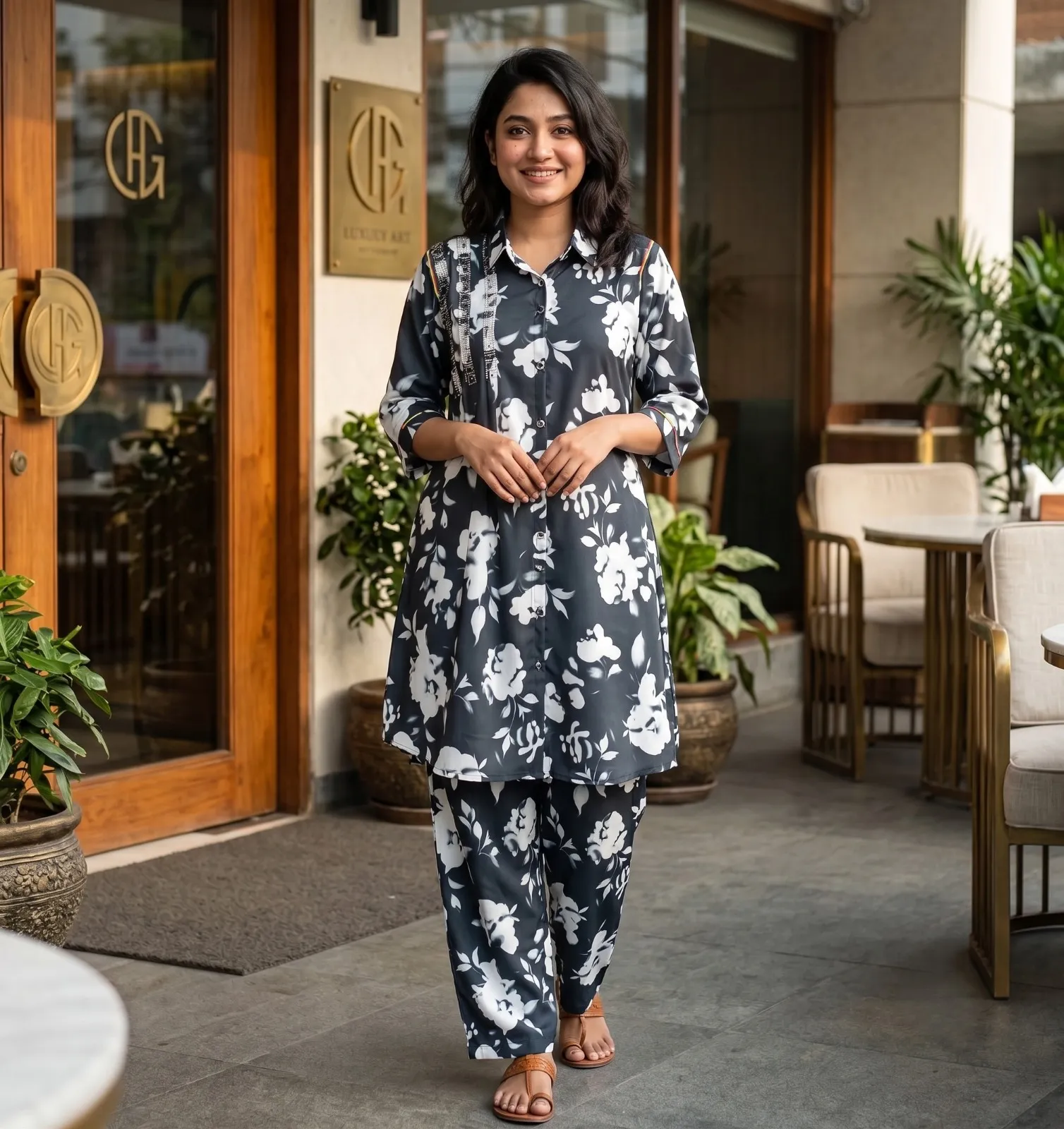 Bansari Turquoise Abstract Floral Printed Long Shirt Set