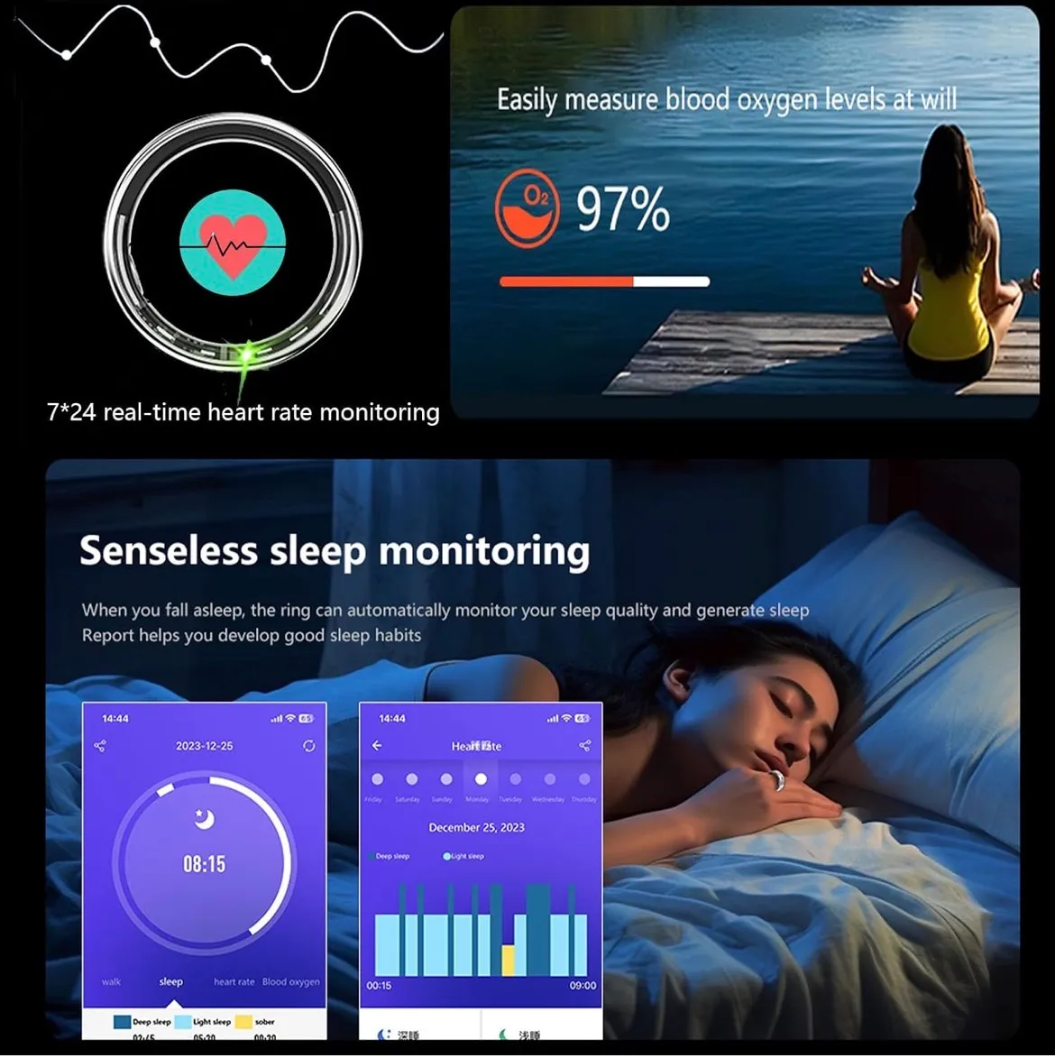 Smart Ring Fitness Tracker for Men Women, Health Sleep Heart Rate Blood Oxygen Tracker Smart Ring#8