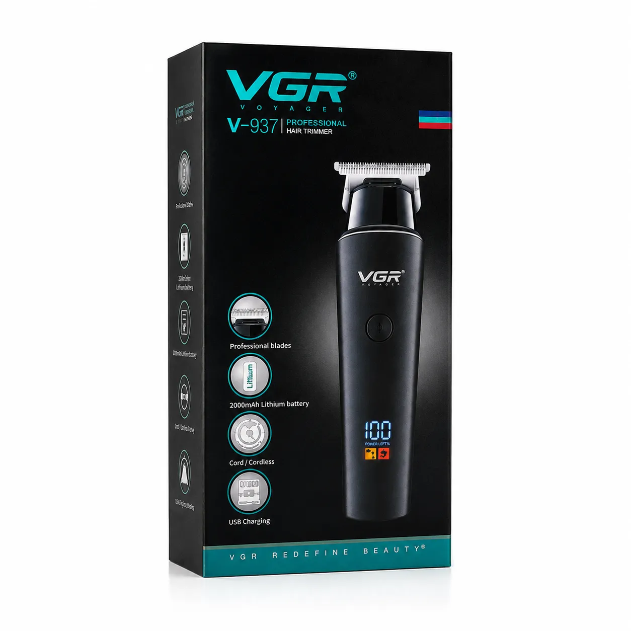 VGR V-937 Professional Cordless Hair & Beard Trimmer for Men – LCD Display, 500 Min Runtime, 2000mAh Battery, Zero Gap Stainless Steel Blade (Black)