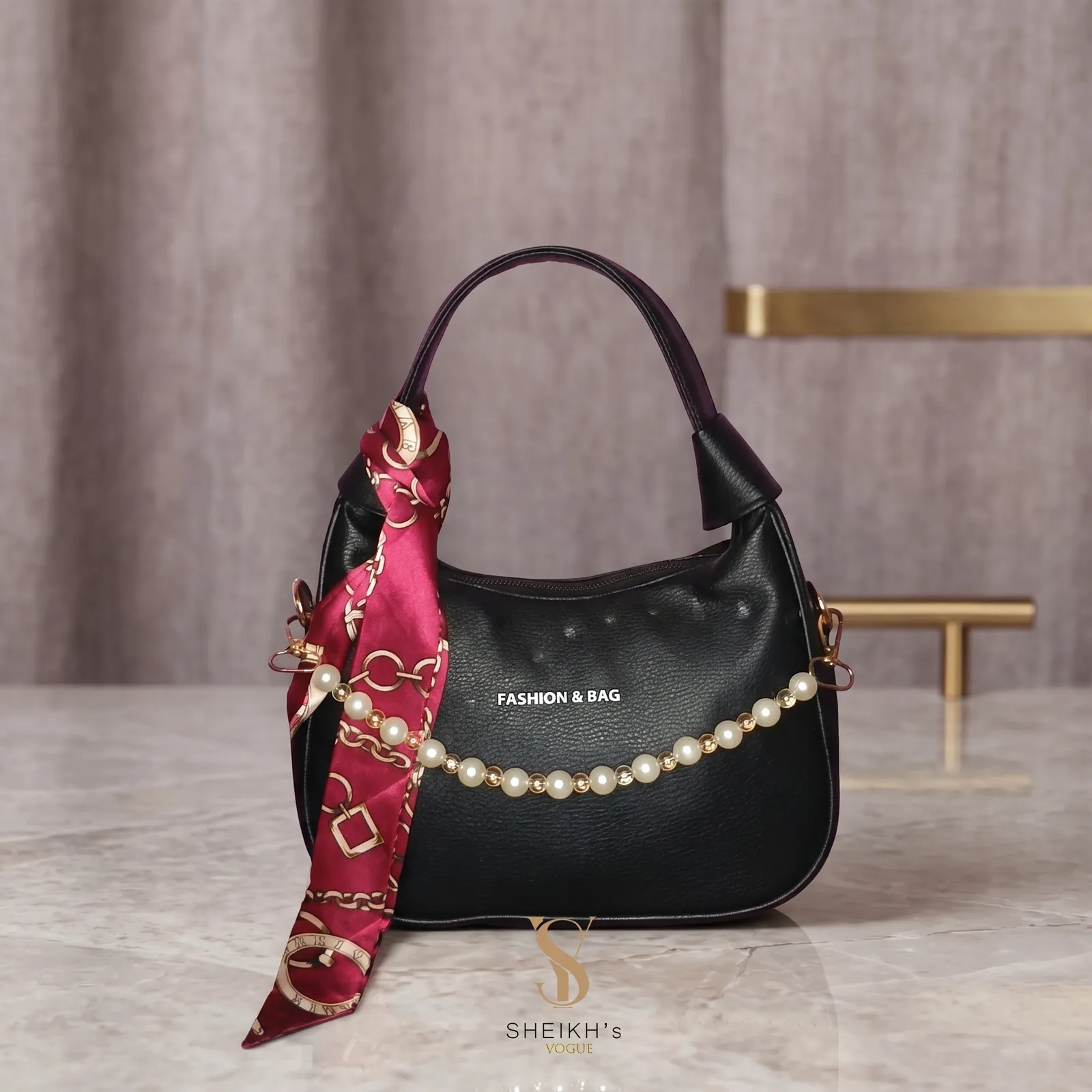 White hobo bag with pearl chain and scarf