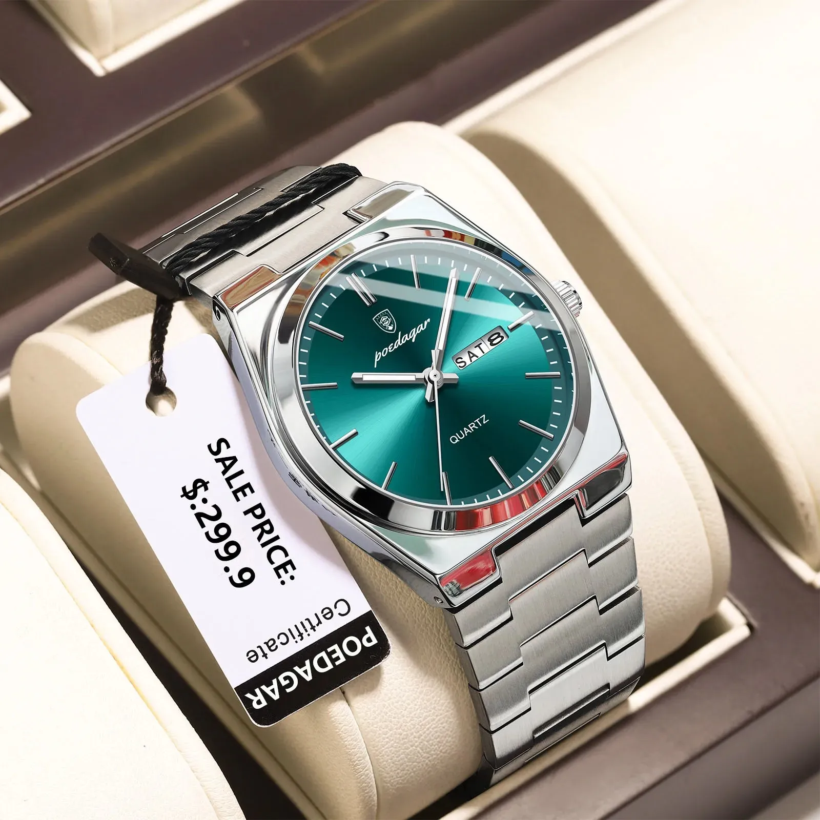 POEDAGAR 930 Men's New Luxury Luminous Date Week Stainless Steel Quartz Watch For Men (Butterfly Lock)