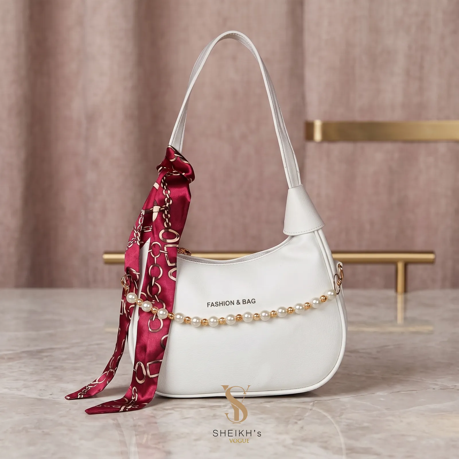 White hobo bag with pearl chain and scarf